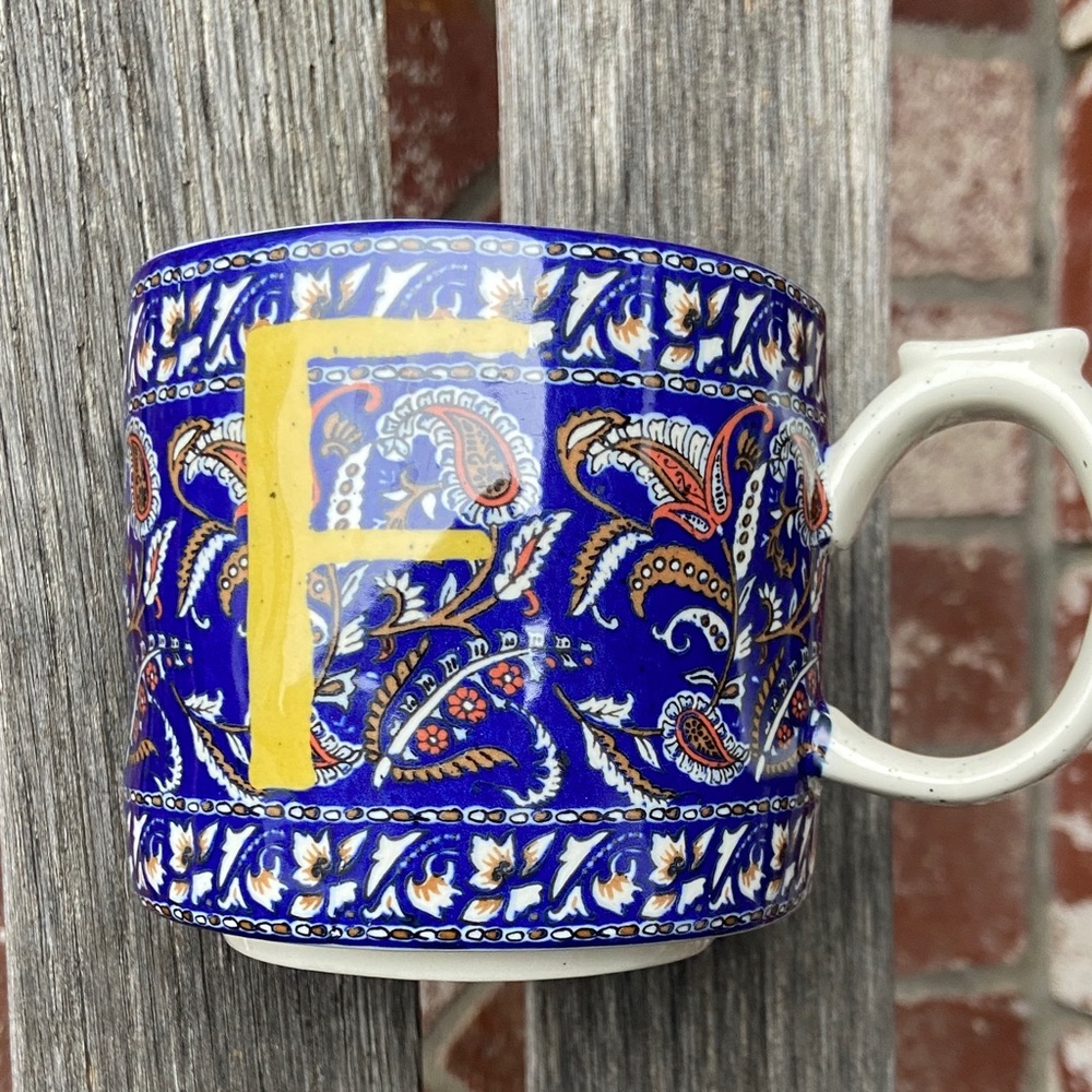 Anthropologie F Blue Paisley Mug with Yellow Initial